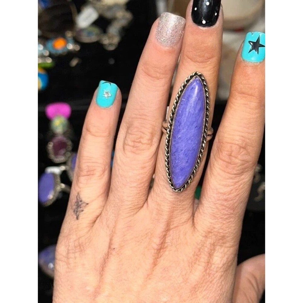 Purple Charoite Oval Sterling Silver Overlay Ring Size 8